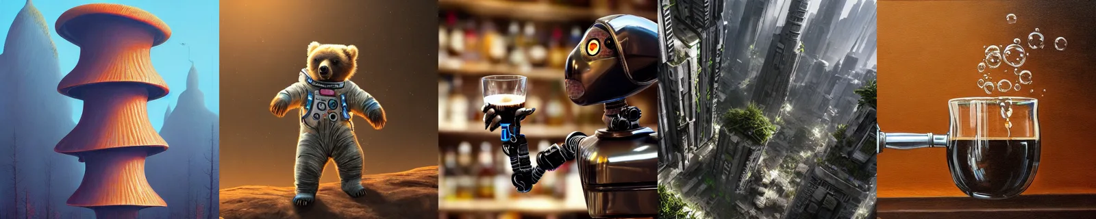 Stable Diffusion text-to-image samples: abstract sculpture, teddy astronaut, robot bartender, forest and coffee
