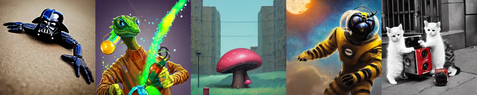 Stable Diffusion text-to-image samples: robot, alien, mushroom house, astronaut dog and cats on a scooter