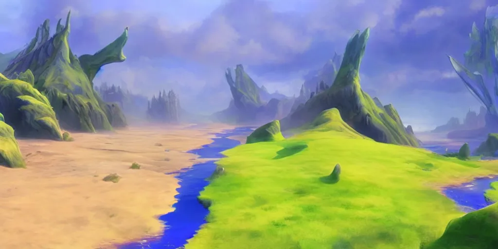 Stable Diffusion image-to-image output: painted mountain valley with river