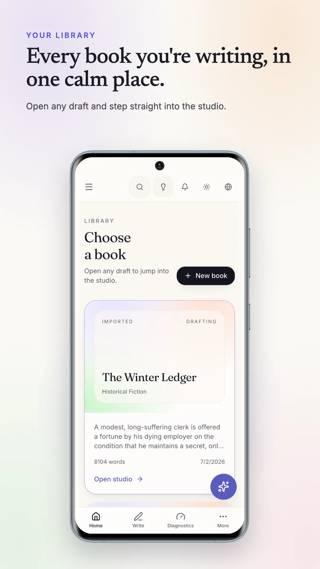 StoryWith Android app library: choose a book, with The Winter Ledger draft