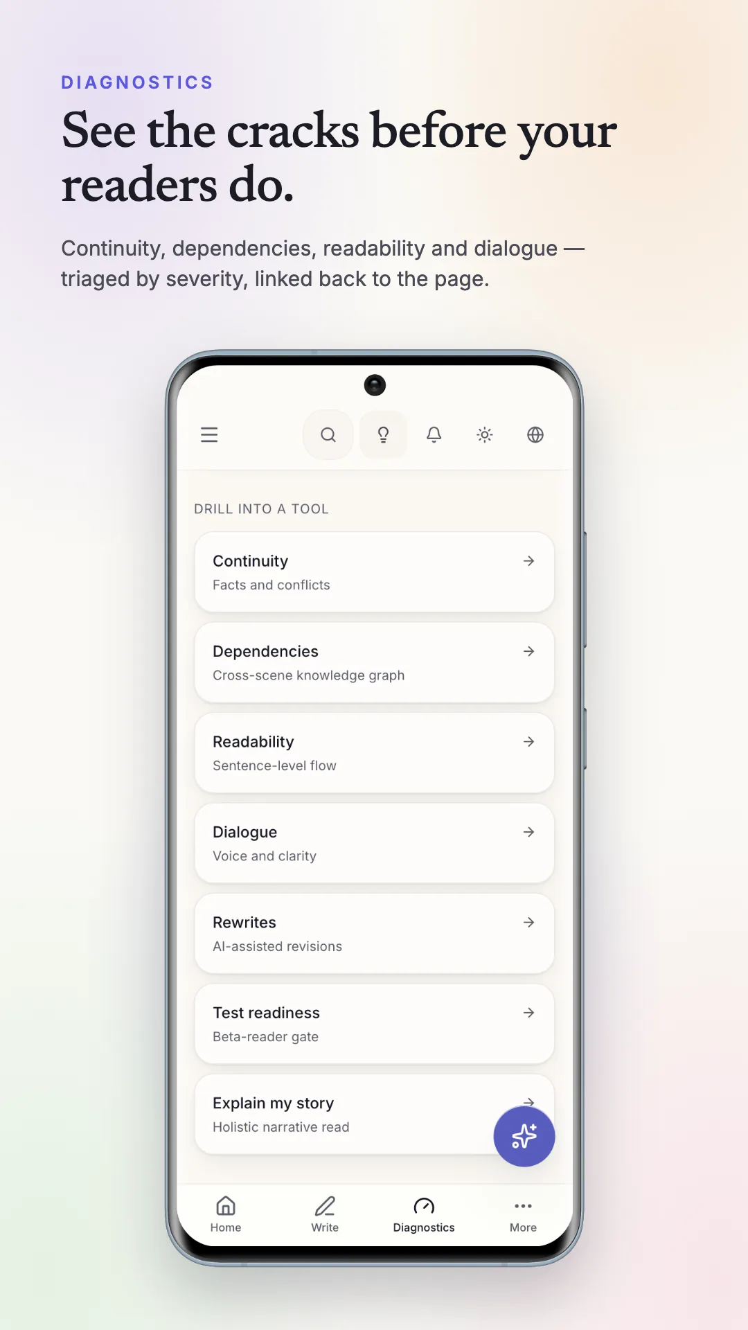 StoryWith Diagnostics tools on mobile: continuity, dependencies, readability, dialogue and readiness checks