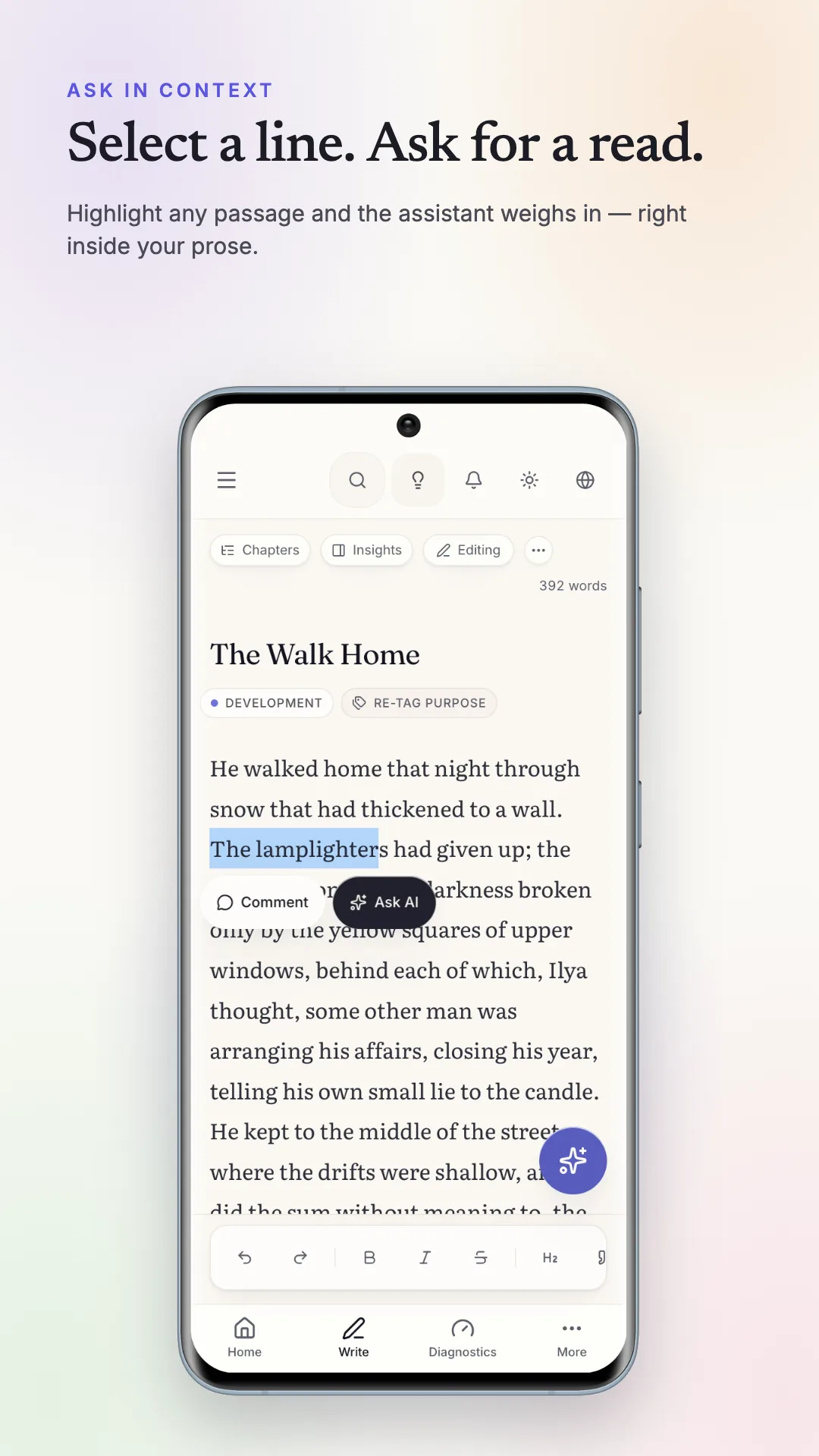 StoryWith ask-in-context: highlighting a manuscript line to ask the assistant