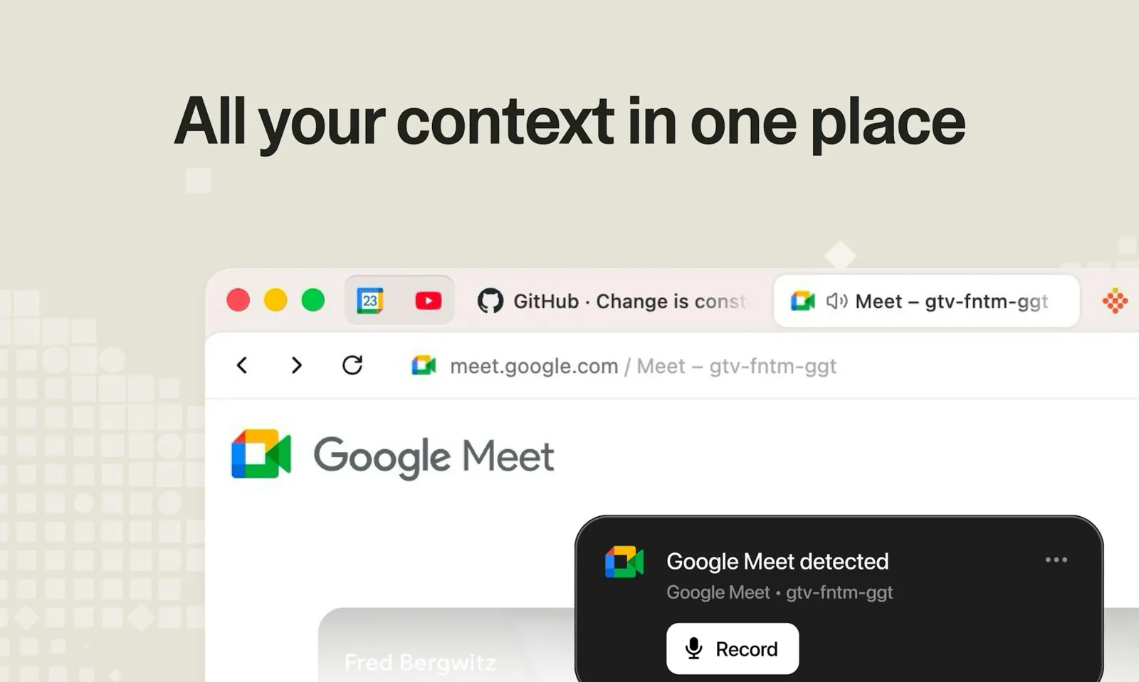 Strawberry browser: Google Meet tab with a Meet detected companion card offering to record