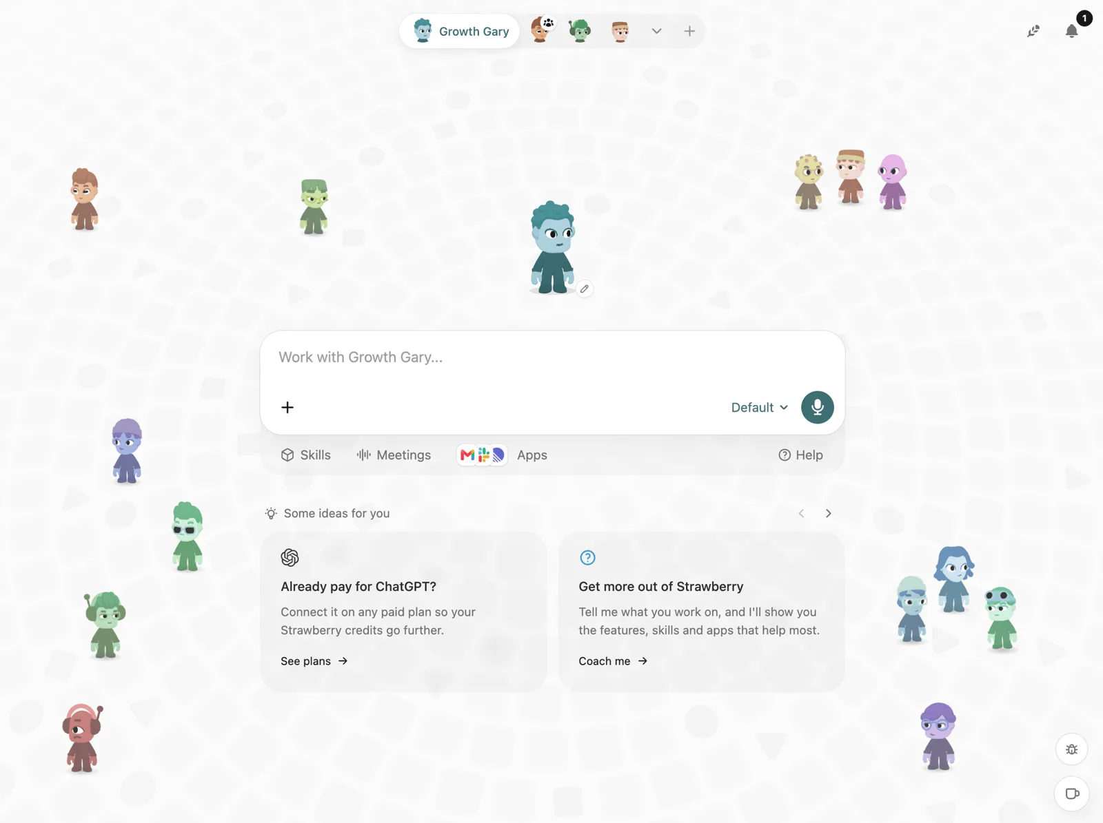 Strawberry companion plaza: hireable AI companions with a chat panel for Growth Gary