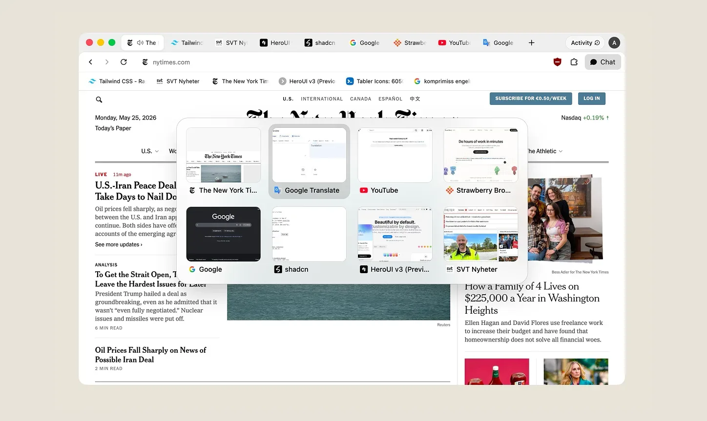 Strawberry tab switcher: grid of open tabs across research and work