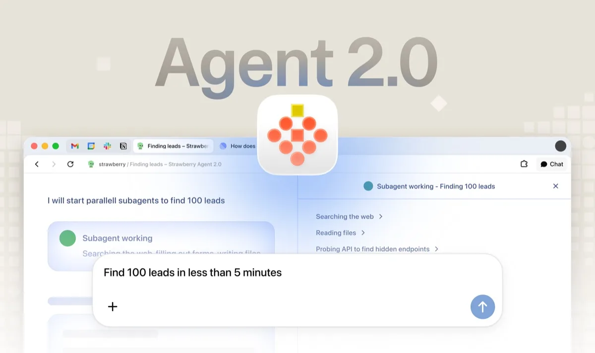 Strawberry Agent 2.0 running a parallel lead search: finding 100 leads in under five minutes