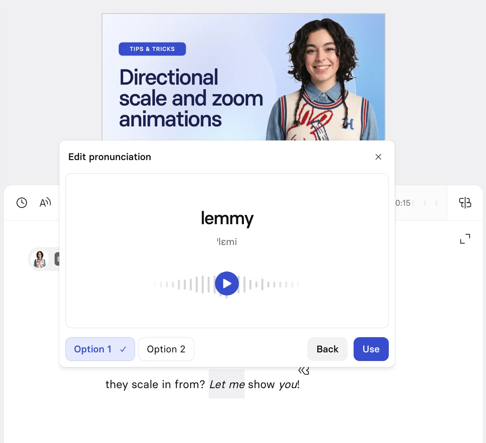 Video editor with avatar scene and pronunciation panel