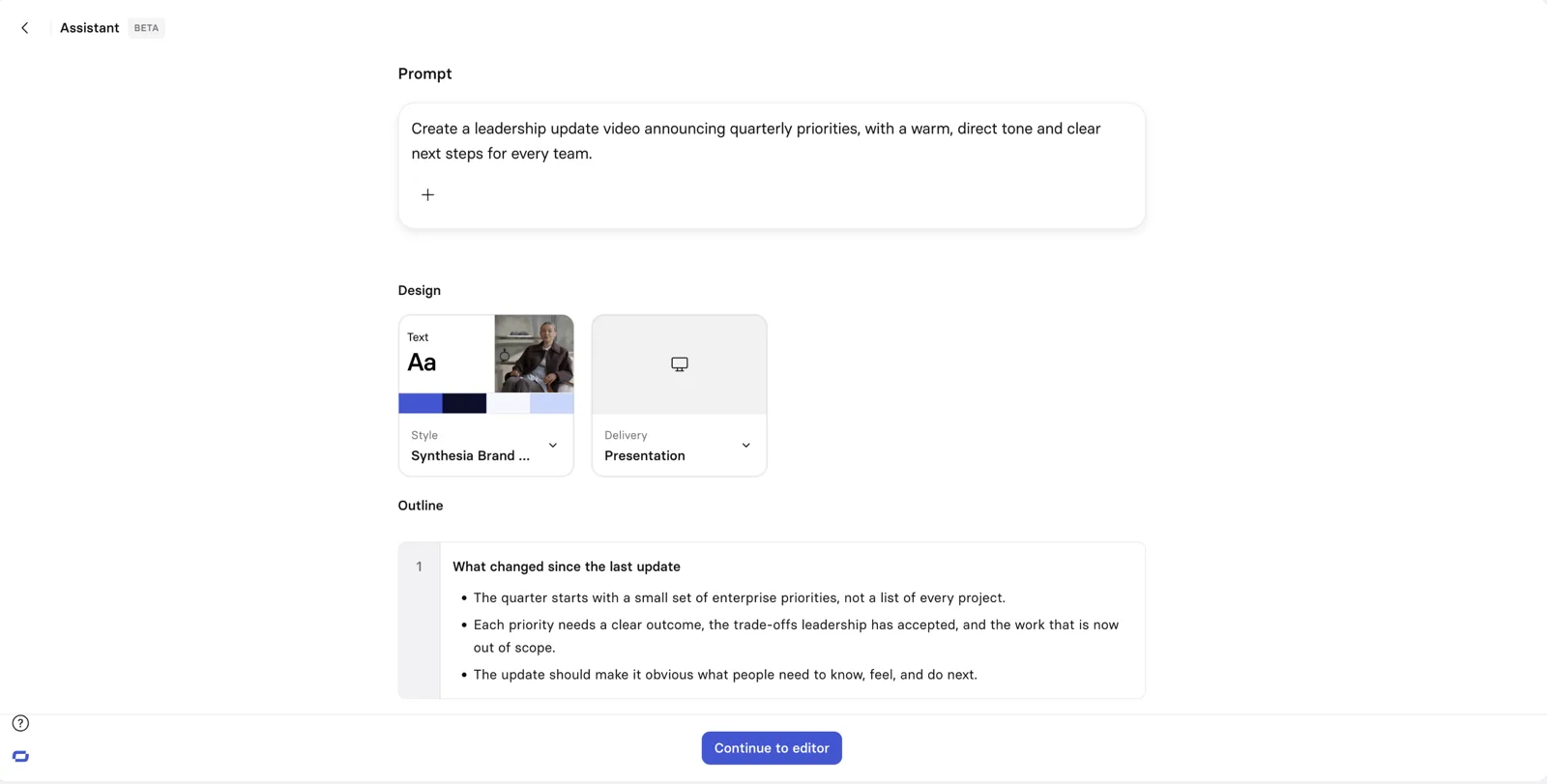AI Video Assistant prompt, design and outline