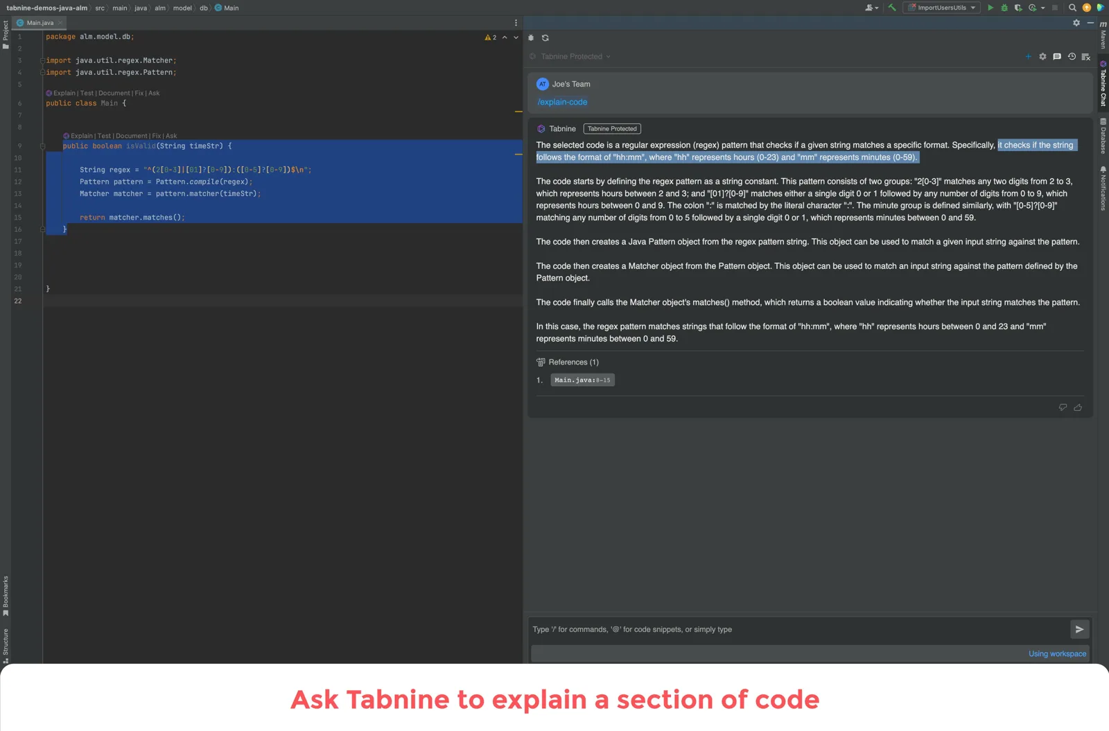 Tabnine Chat explaining a section of code in the IDE