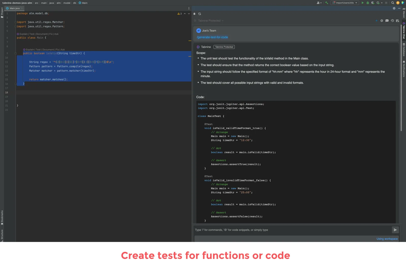 Tabnine generating tests for functions in the IDE