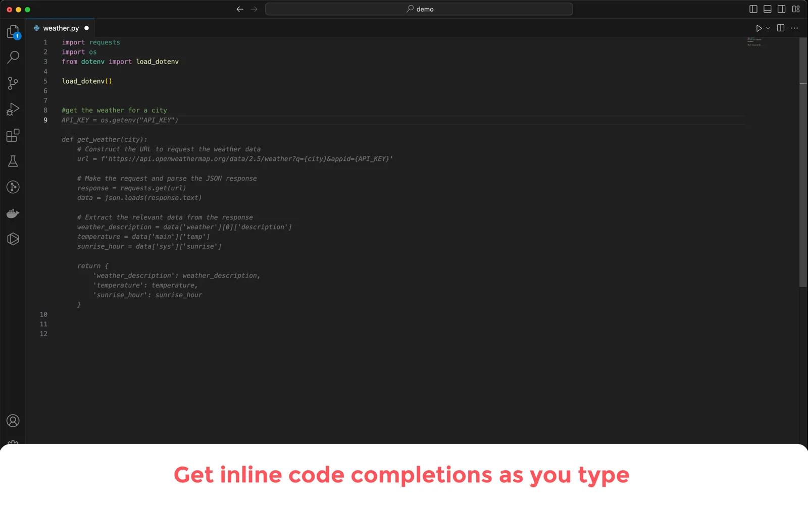 Inline code completions as you type