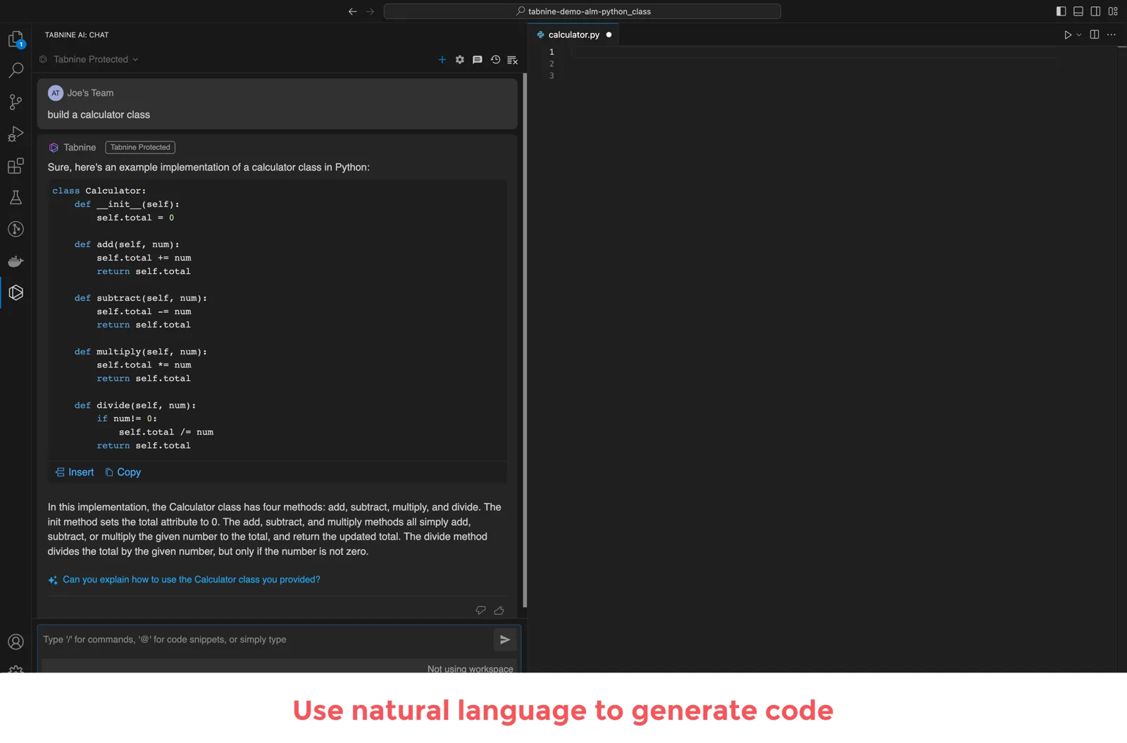 Generating code from natural language in the IDE