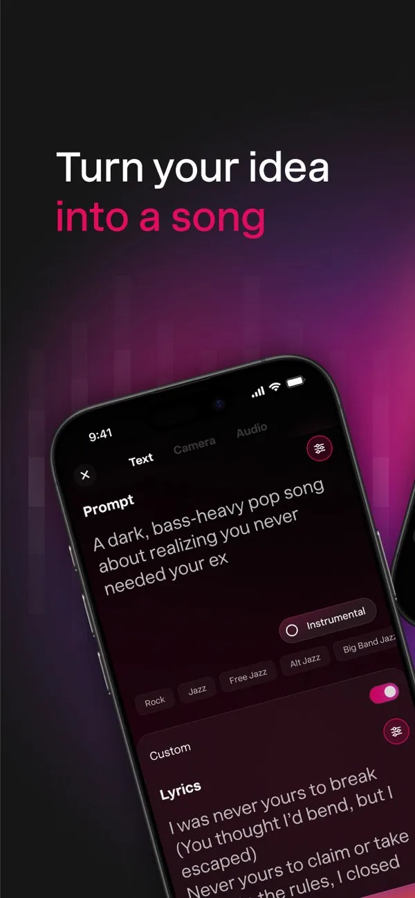 Song prompt and lyrics on the Udio mobile app