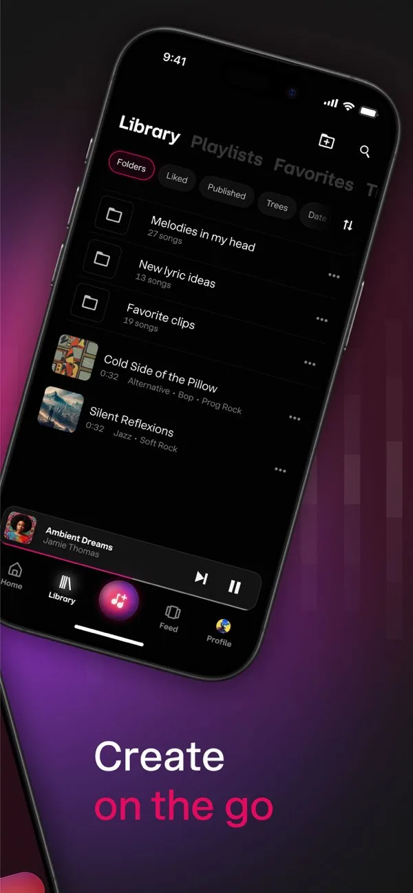 Library of generated songs on the Udio mobile app