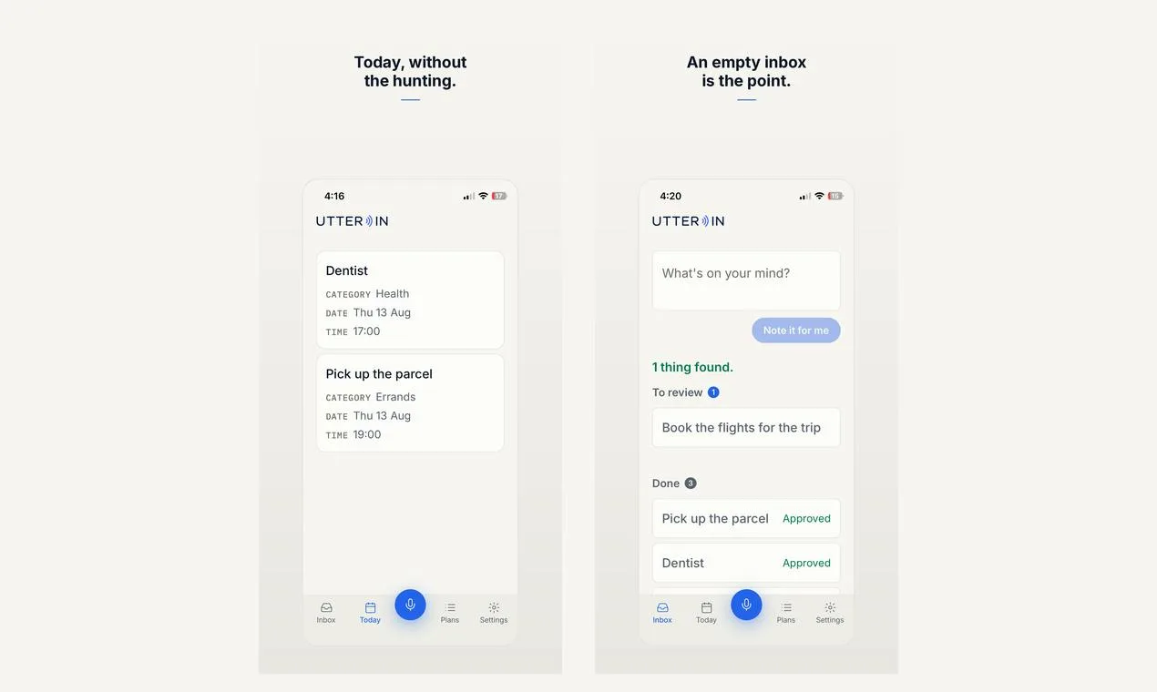 Today cards and empty inbox in the UTTER IN app