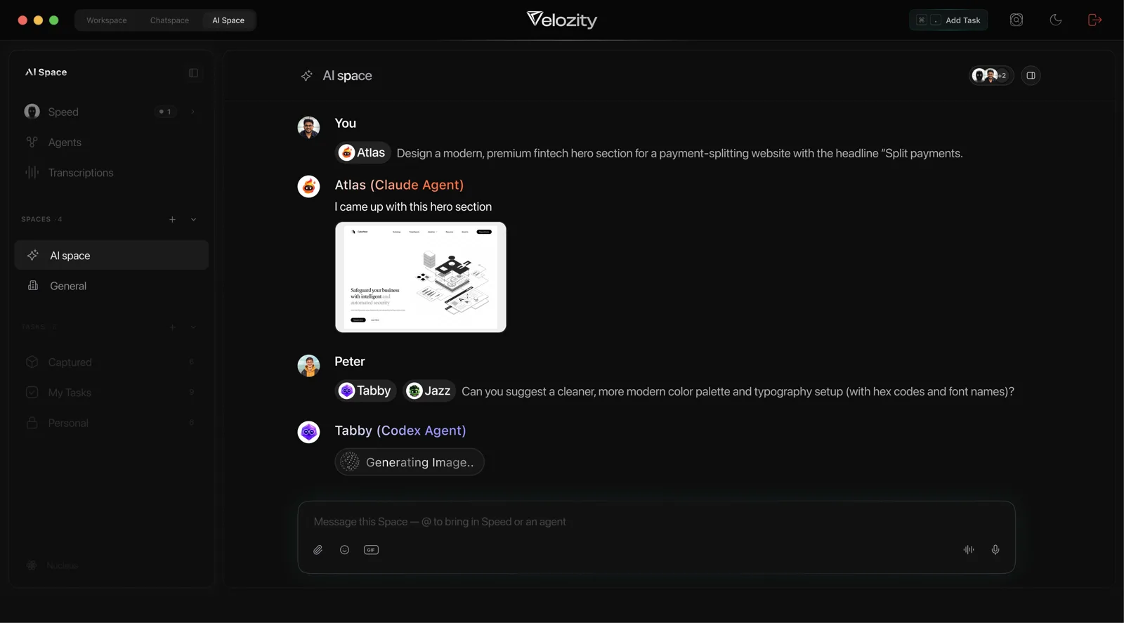 Velozity AI Space with Atlas and Tabby agents collaborating on a design