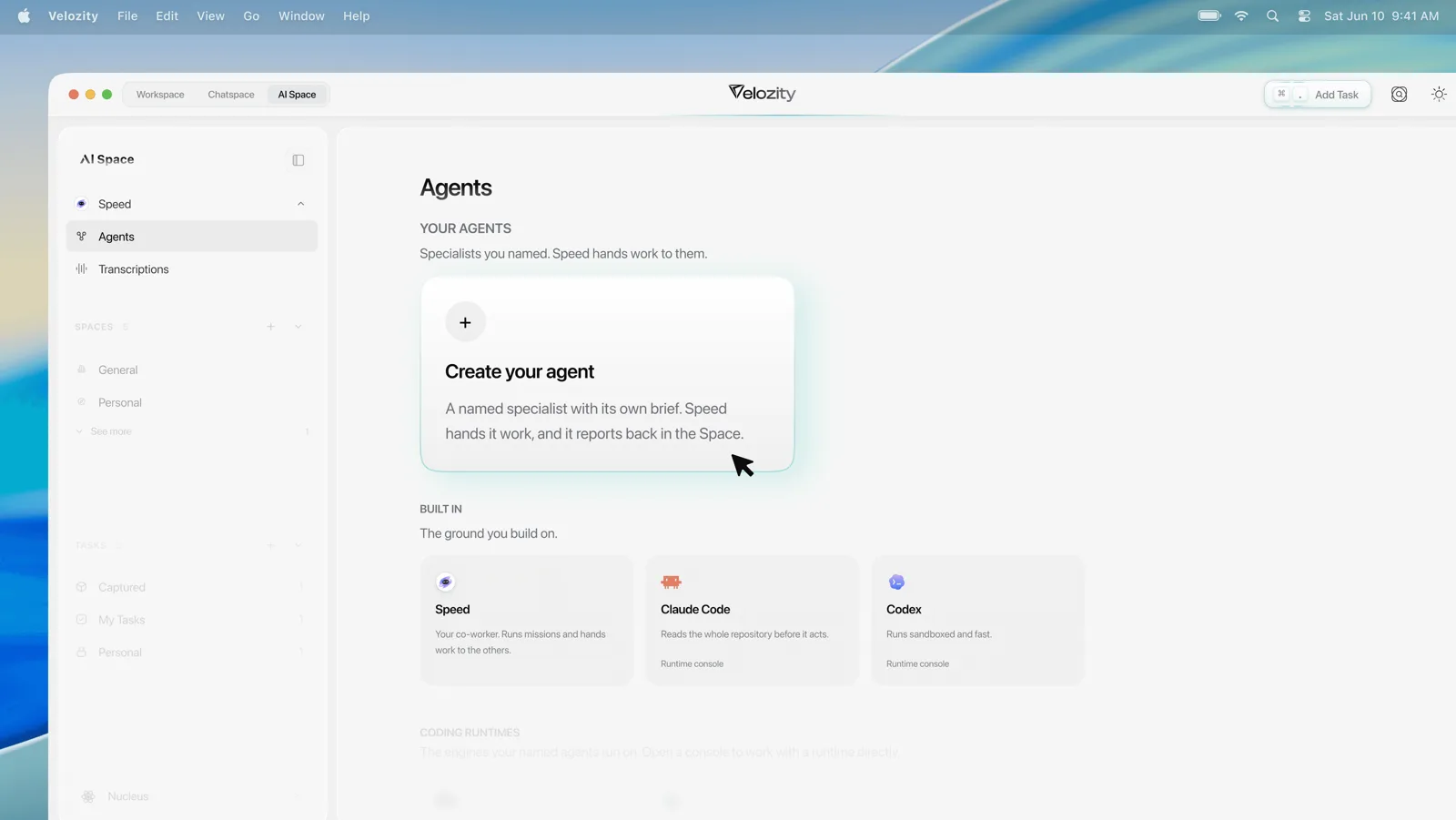 Velozity Agents page with Create your agent and built-in agent cards