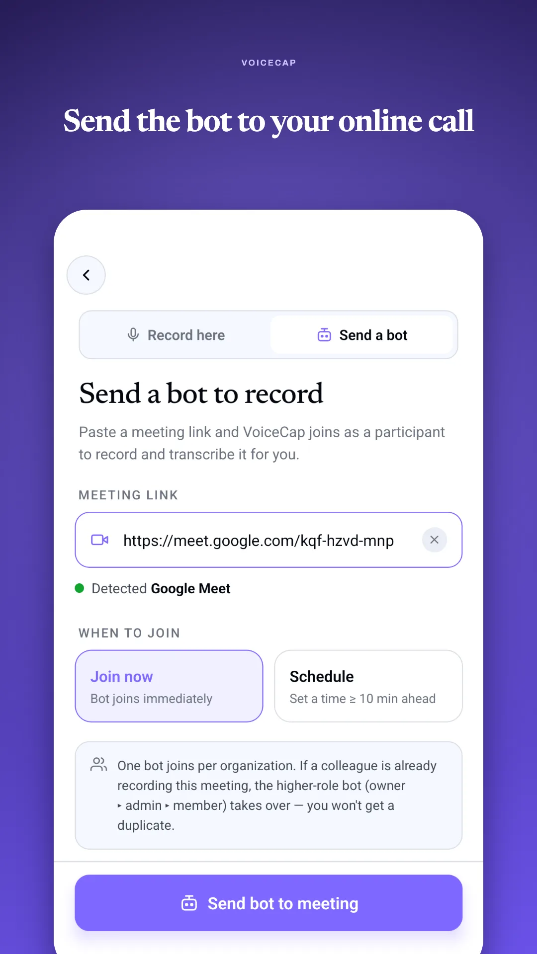 Sending the VoiceCap bot to record an online call