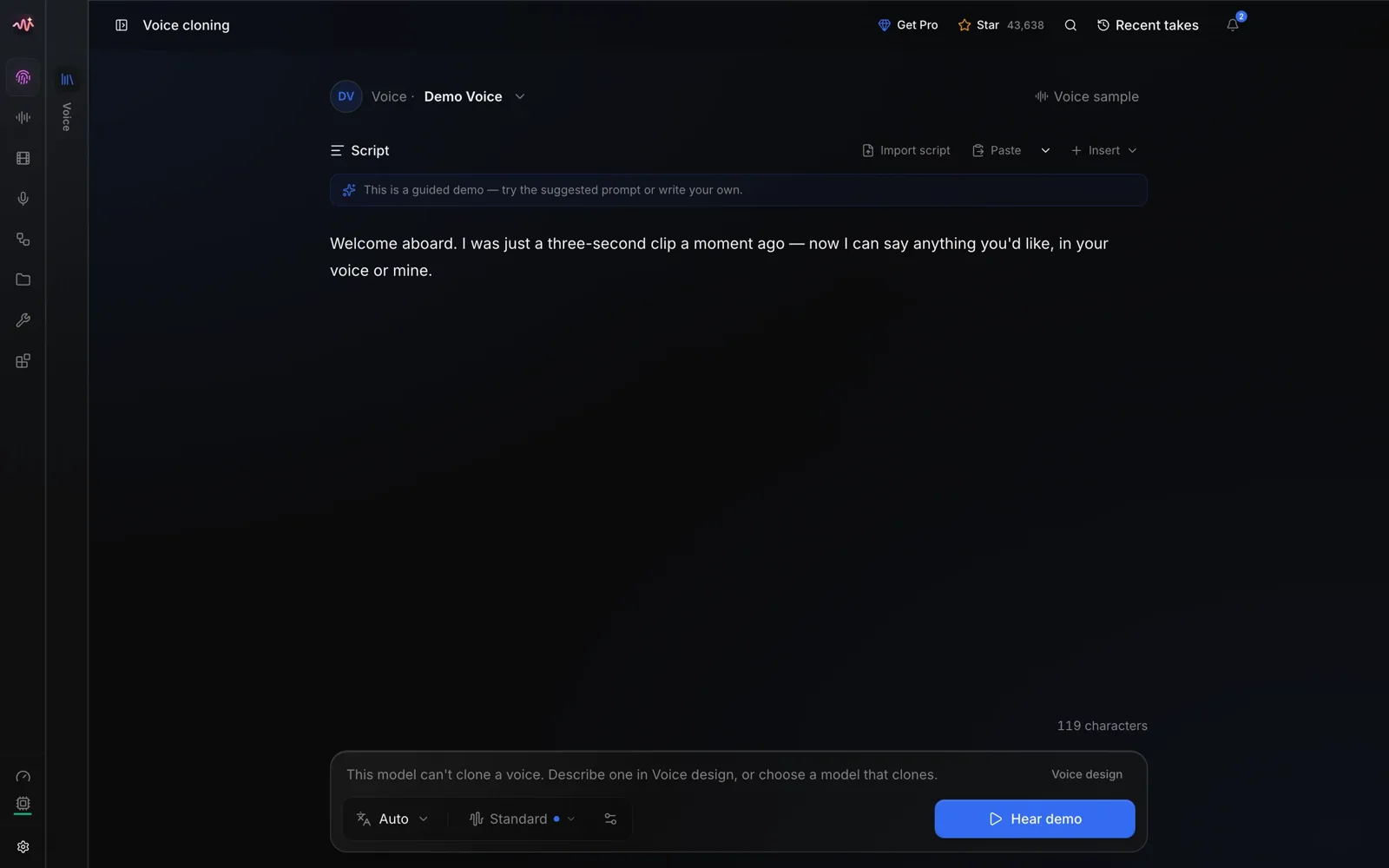 Voice Clone screen