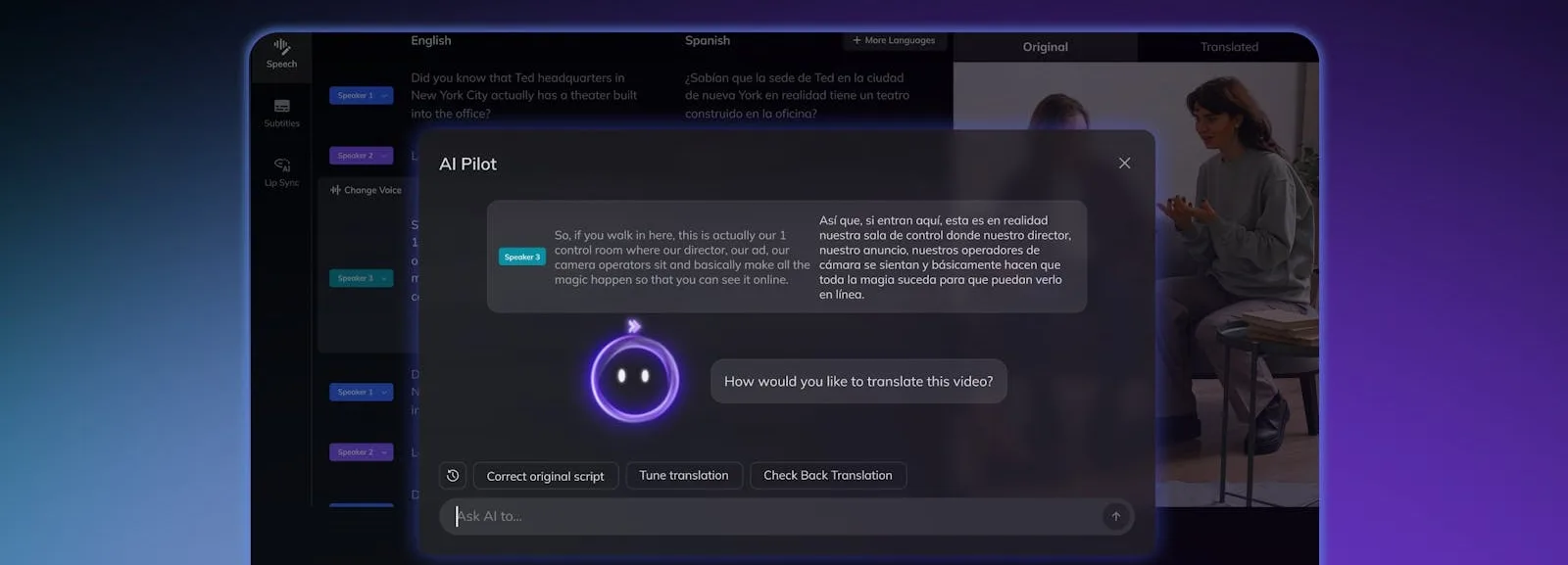 Vozo translation editor with AI Pilot assistant panel