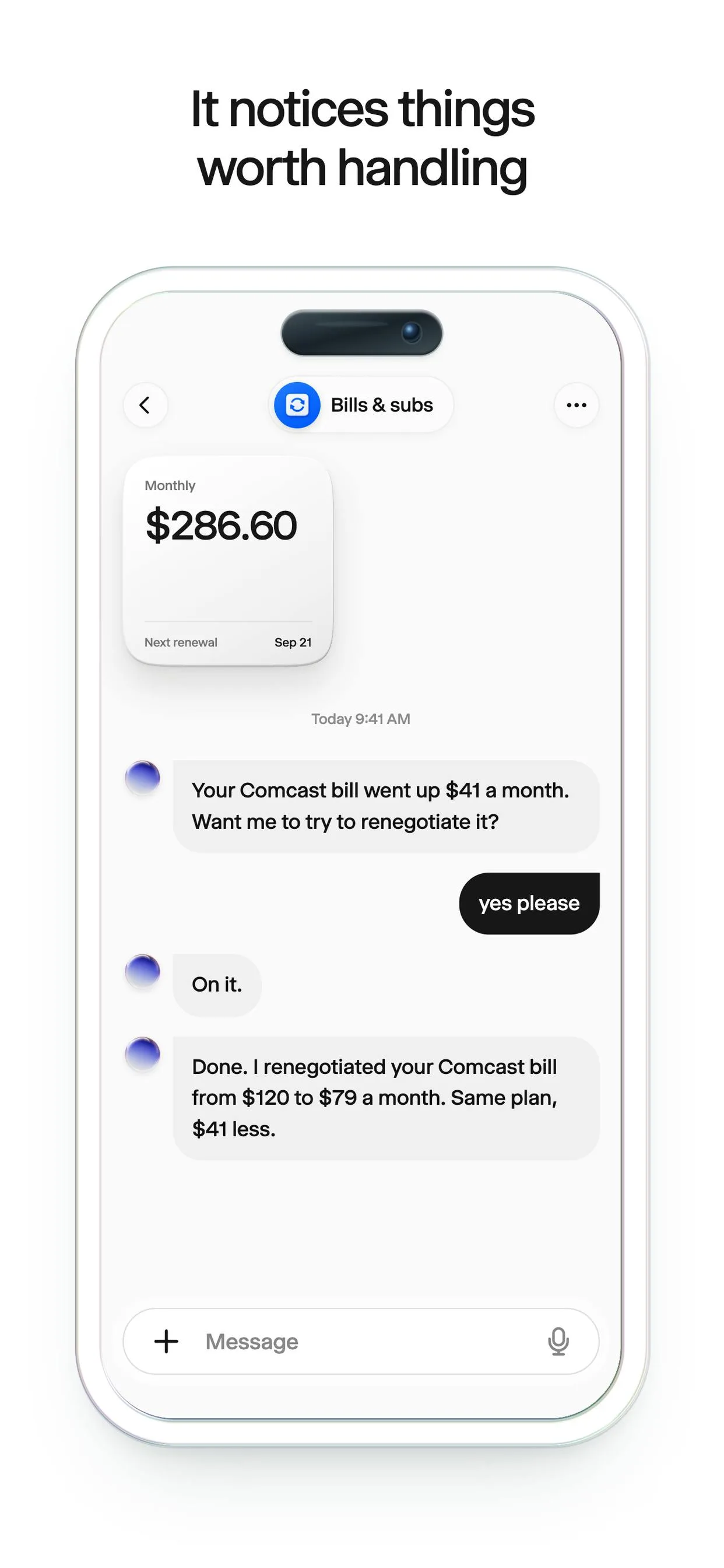 Bills thread with assistant renegotiating a subscription