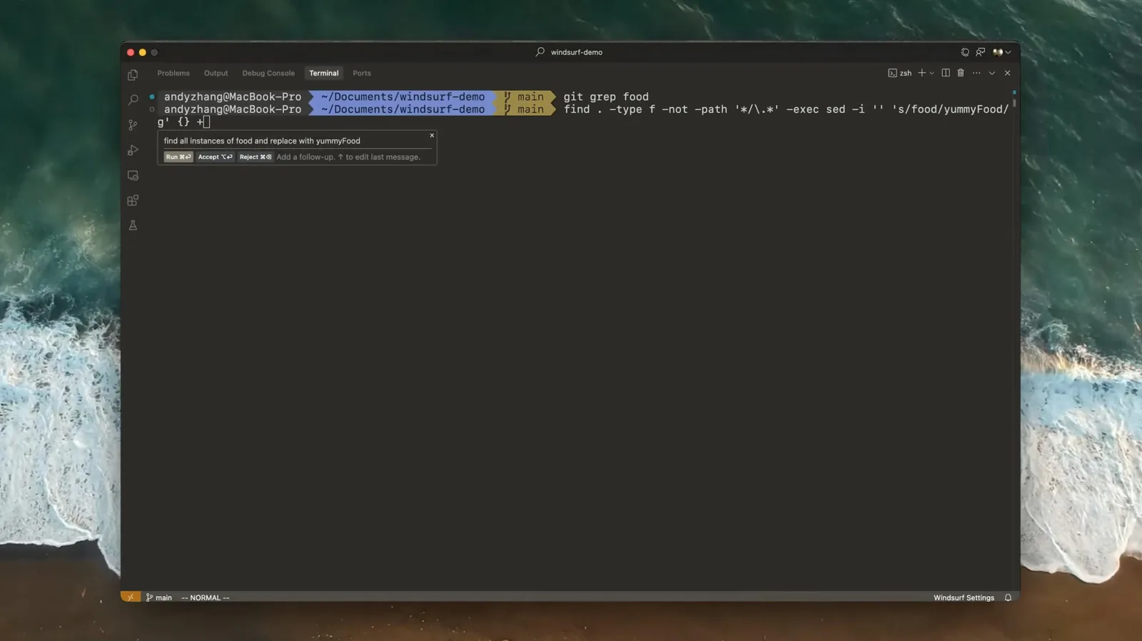 Windsurf editor window with code and Cascade AI panel