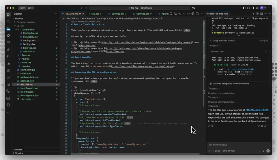Windsurf editor with code on the left and AI assistant panel on the right