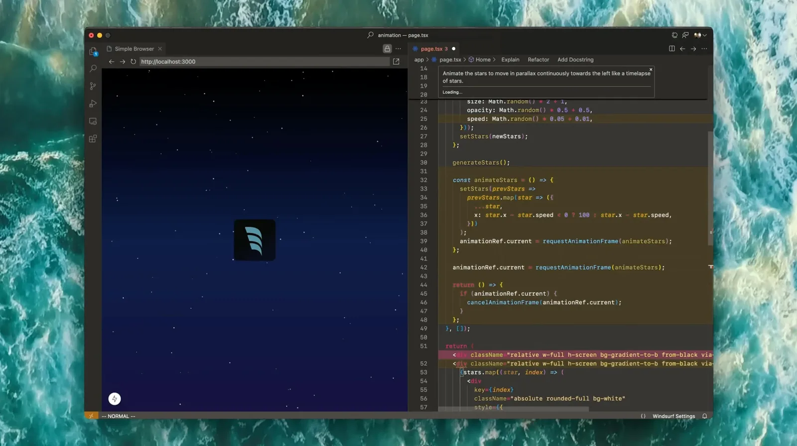 Windsurf editor in split view with code and AI chat