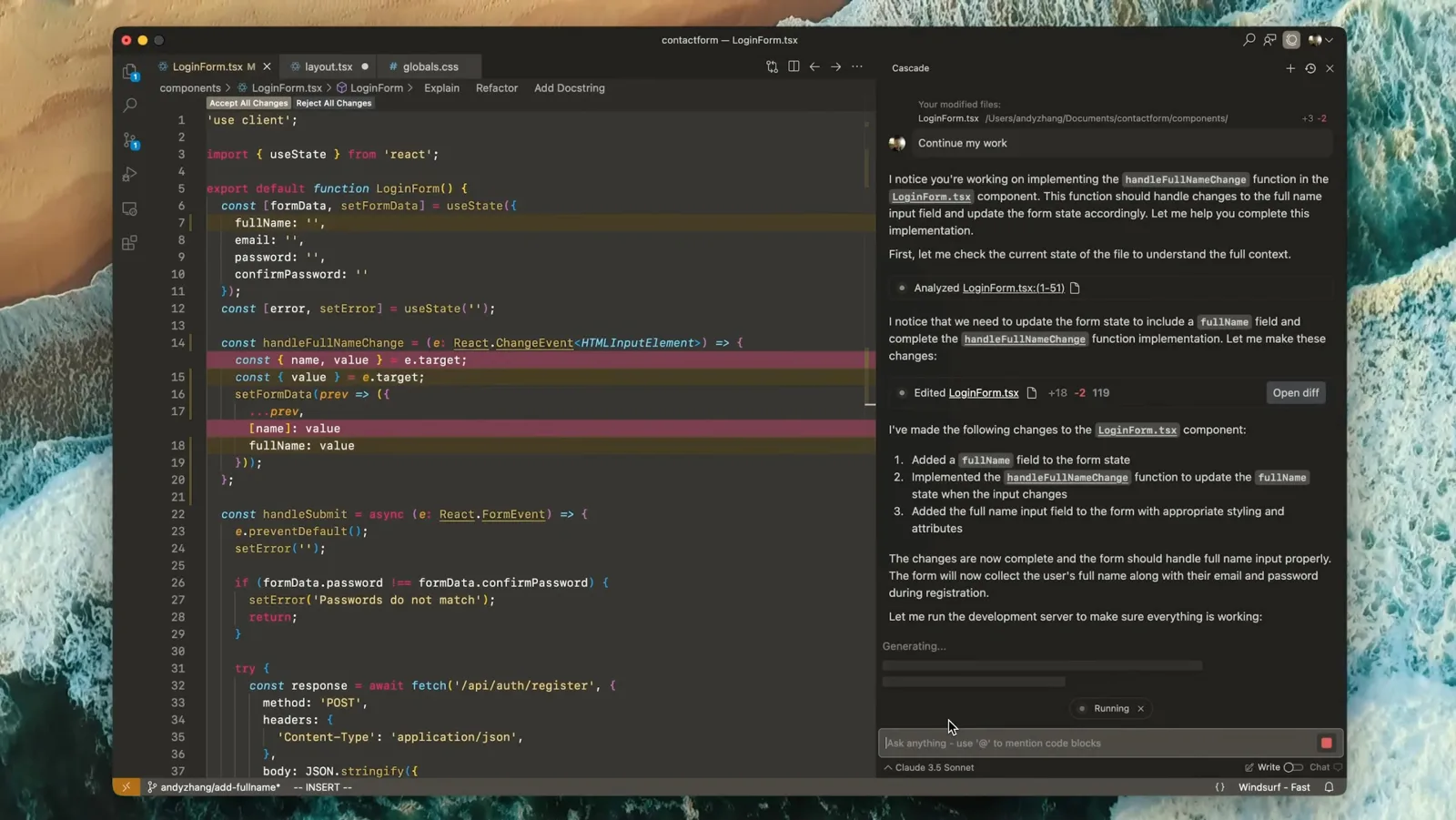 Windsurf editor showing code with AI panel