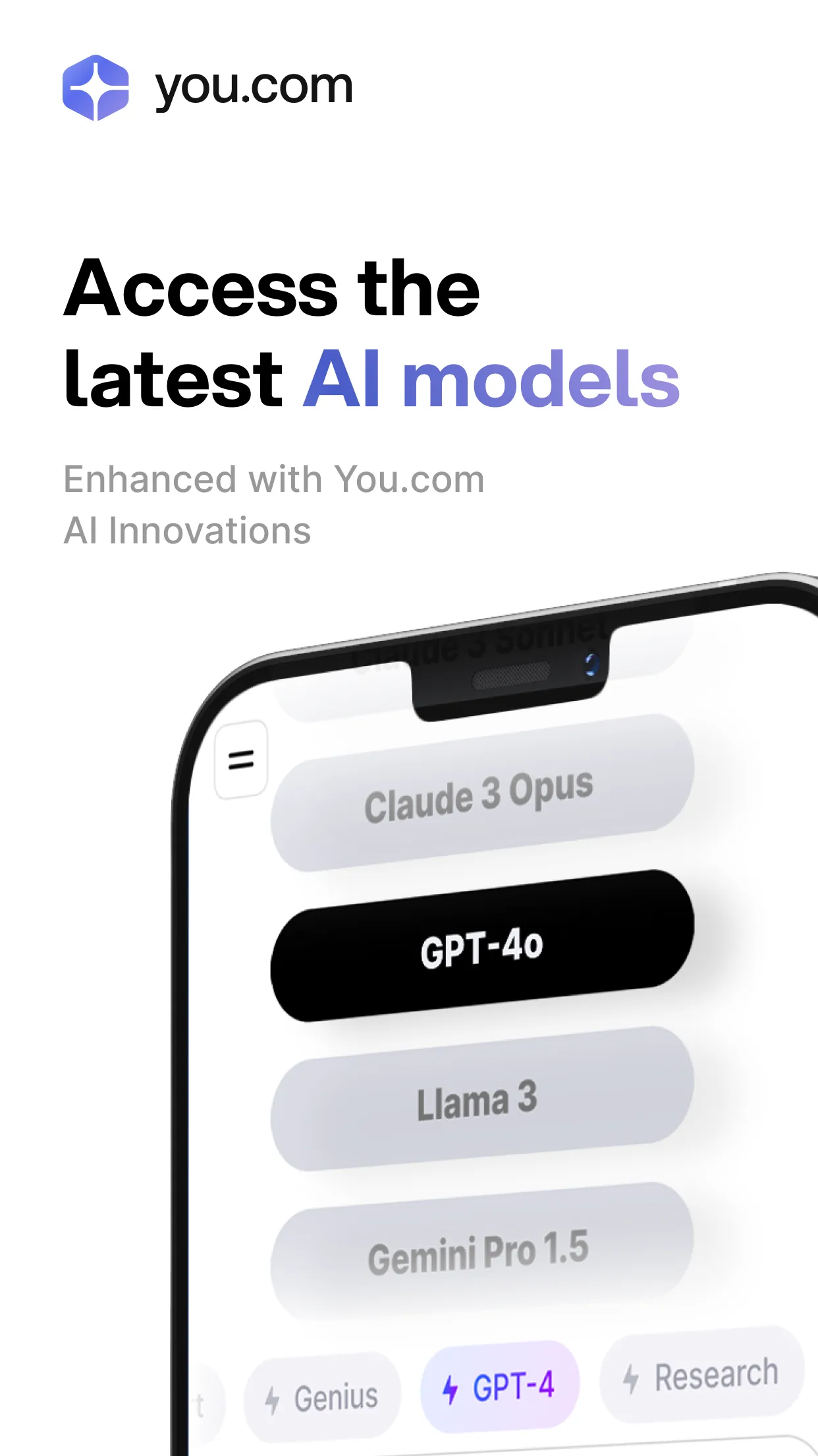 You.com app model picker with Claude, GPT-4o, Llama and Gemini