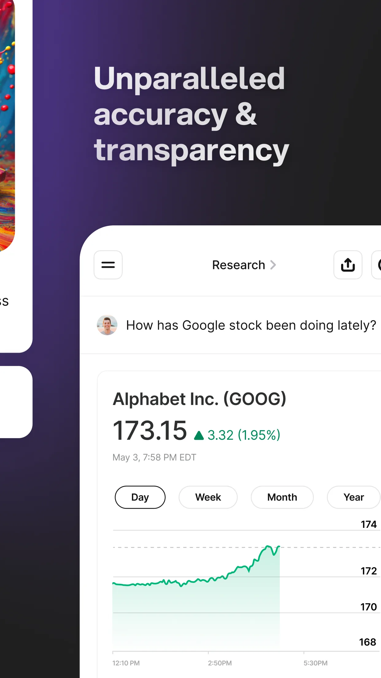 You.com research answer with Alphabet stock price chart