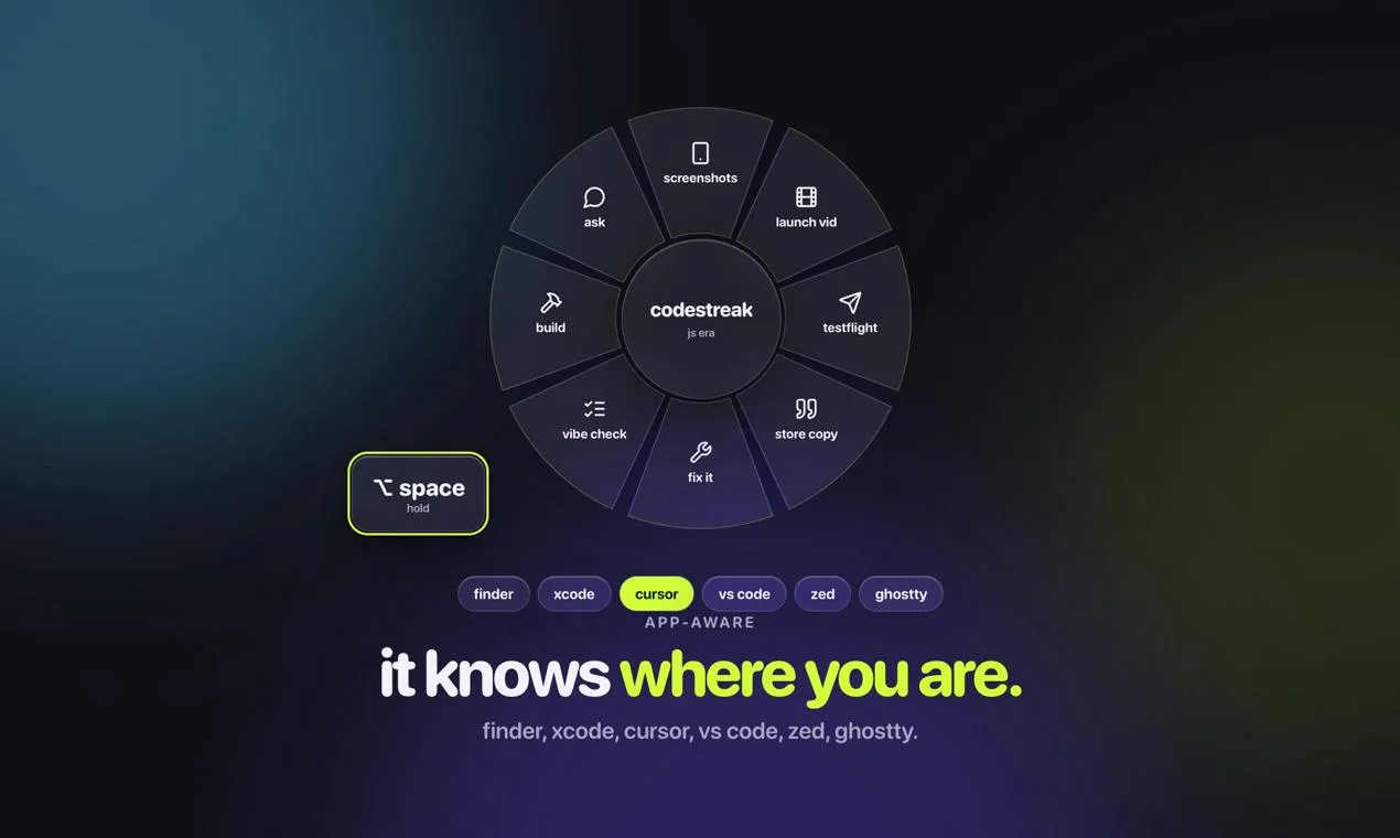 Zest command wheel showing app-aware slices for the current project