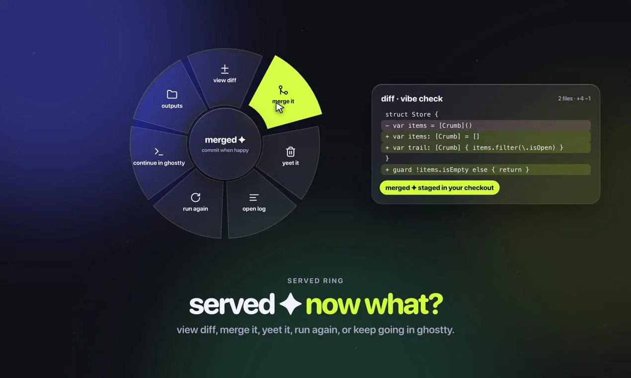 Zest served ring showing a completed diff ready to merge